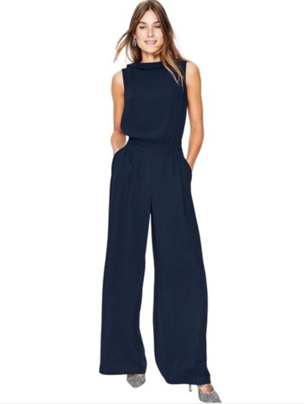 Boden TALL Clarissa Boatneck Navy Blue Wide Leg Sleeveless Palazzo Jumpsuit 14 T